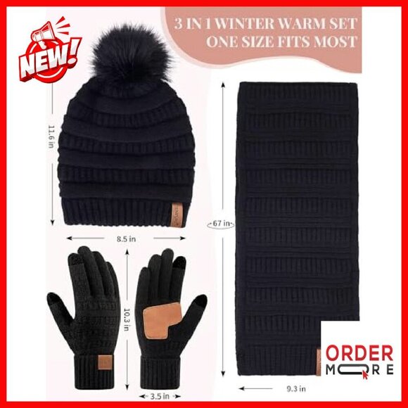 Fleece Lined Pom Pom Beanie Scarf Touchscreen Gloves Winter Set main image 8